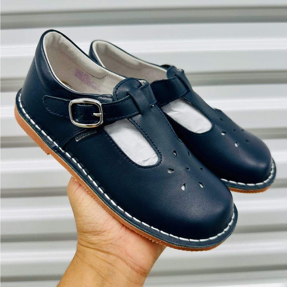 L'Amour Joy Navy T‑Bar Leather Kids Shoes with Buckle - NEW - Picture 2 of 6
